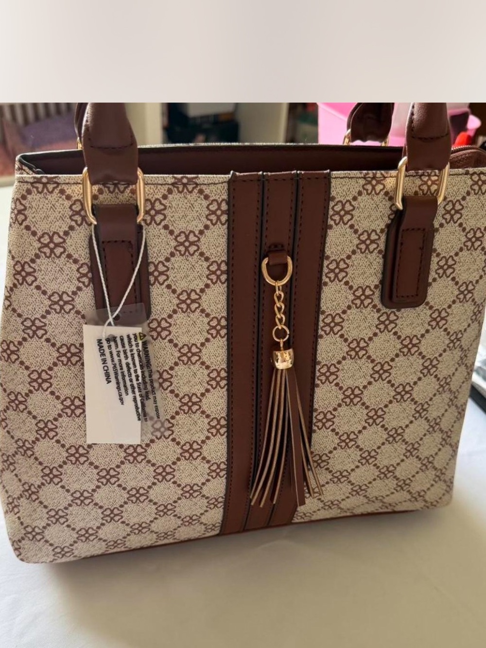 Tassel Accent Brown and Cream Tote Bag for Women